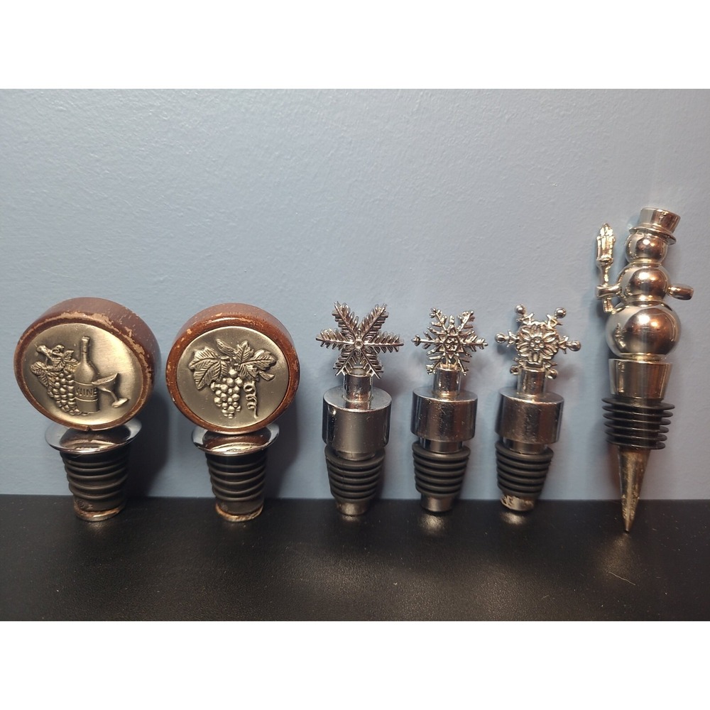 6 Wine Bottle Stopper Collection Snowflakes, snowman, grapes, wine bottle